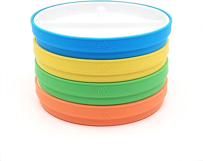 Elk and Friends Kids 6.7” Porcelain Divided Plates with Silicone Sleeves | Suitable for Babies/Kids/Toddlers | Microwave & Dishwasher Safe | Non Slip | Snack Dishes