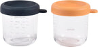 BEABA 2 Pack Glass Baby Food Jars with Soft Silicone Air Tight Lids, 8 oz Glass Storage Containers with Lids, Microwave and Freezer Safe Containers, Midnight