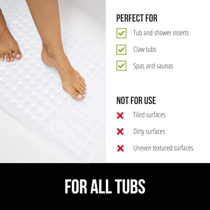 GORILLA GRIP Patented Bath Tub Shower Mat, 2 Pack, Machine Washable Bathtub Floor Liner Mats, Suction Cups and Drain Holes to Keep Tubs Clean, Soft on Feet, Bathroom Essentials, 35x16 Inch, White