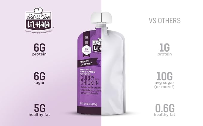 Li’l Hala Curry Chicken Baby Food Pouches – Free-Range Chicken & Organic Veggies – Protein & Healthy Fats – Toddler Meat Puree Meals for 6+ Months – No Hormones – 3.5 oz (12 Pack)