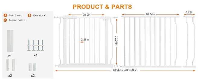 Extra Wide Baby Gate Extra Tall Dog Gate for Stairs Doorways White Metal Tension Child Pet Safety Gates with Pressure Mount 62-67 Inch (White)