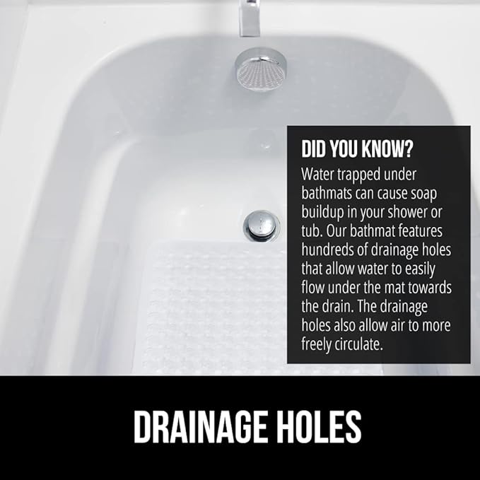 GORILLA GRIP Patented Bath Tub Shower Mat, Machine Washable Bathtub Floor Liner Mats, Suction Cups and Drain Holes to Keep Tubs Clean, Soft on Feet, Bathroom Essentials, 35x16 Inch, White