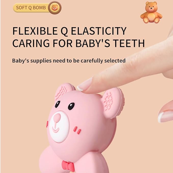 Baby Bear Teething Ring Rattle, Soft Silicone Teether Toy, Brown + Gray