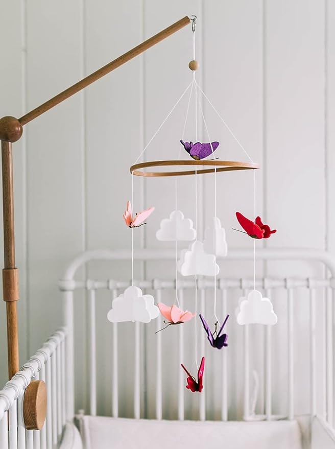 Sorrel + Fern Baby Crib Mobile - Butterflies in The Clouds Nursery Crib Decoration for Girls & Boys - Pink & Purple