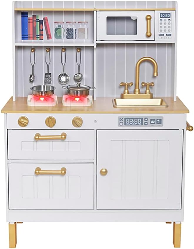 Wooden Toddlers Kitchens Playsets with 6pcs Cooking Kitchen Sets|Kids Play Kitchens with Cooking Pans,Pots,Stove&Sink|Mini Baby Kitchen Toys with Lights&Sounds for Kids Ages 3+Boys Girls…