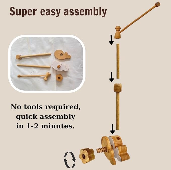 Wooden Baby Crib Mobile Arm, 31 Inch, Solid Beech Wood, 360° Rotatable, Whale Design, Adjustable, Anti-Slip, Mobile Hanger for Crib, Nursery Decor for Boys & Girls, Gift Accessories