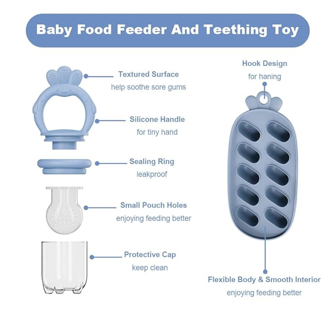 Baby Food Fruit Feeder, Breastmilk Baby Popsicle Molds, Silicone Teether Freezer Tray Food Feeder Pacifier for Teething Relief (Blue)