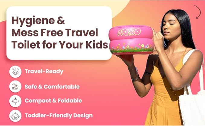 Travel Potty Seat for Toddlers - Inflatable Portable Toilet Kids Chair, Foldable Compact Lightweight Potty for Camping Road Trips, Outdoor Car Travel, Holds 66 lbs and 20 Durable Disposable Bags