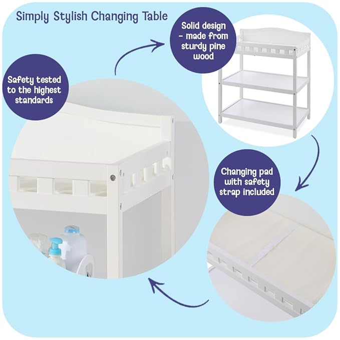 Badger Basket Baby Changing Table with Pad & Shelves - Wooden Changing Table with Storage - Nursery Change Table for Diapers & Baby Essentials, White