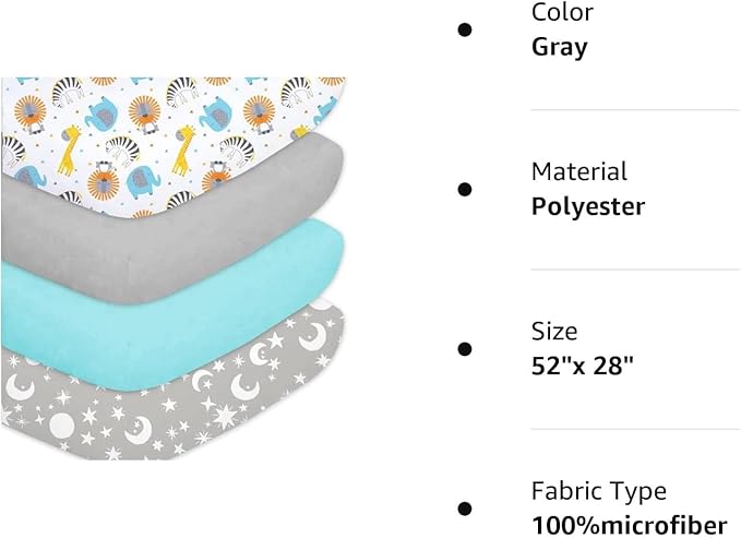 Bimocosy Baby Crib Sheets for Boys, Fitted Crib Sheet 4 Pack for Standard Crib and Toddler Mattresses, Super Soft Breathable Microfiber Baby Sheet 28x52x8in, Stars/Woodland Animals/Grey/Green