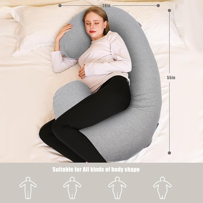 Chilling Home Pregnancy Pillow, C Shaped Full Body Pillow Maternity Pillow for Women 55 inch, Pregnancy Pillows for Sleeping Pregnant Must Have with Jersey Removable Cover,Grey