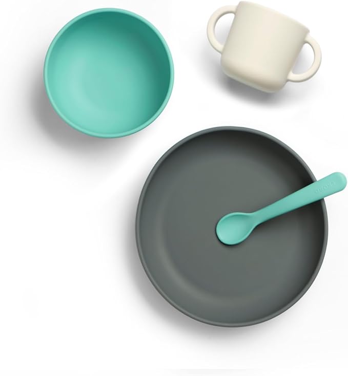 EKOBO Silicone Baby Meal Set – Lagoon, 4‑Piece Baby Feeding Essentials, Suction Toddler Plates and Bowls Set, Two‑Handle Cup, Soft‑Tip Spoon, Microwave, Oven & Freezer Safe, BPA‑Free
