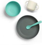 EKOBO Silicone Baby Meal Set – Lagoon, 4‑Piece Baby Feeding Essentials, Suction Toddler Plates and Bowls Set, Two‑Handle Cup, Soft‑Tip Spoon, Microwave, Oven & Freezer Safe, BPA‑Free