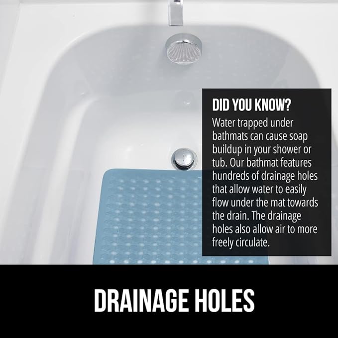 GORILLA GRIP Patented Bath Tub Shower Mat, Machine Washable Bathtub Floor Liner Mats, Suction Cups and Drain Holes to Keep Tubs Clean, Soft on Feet, Bathroom Essentials, 35x16 Inch, Sky Blue Opaque