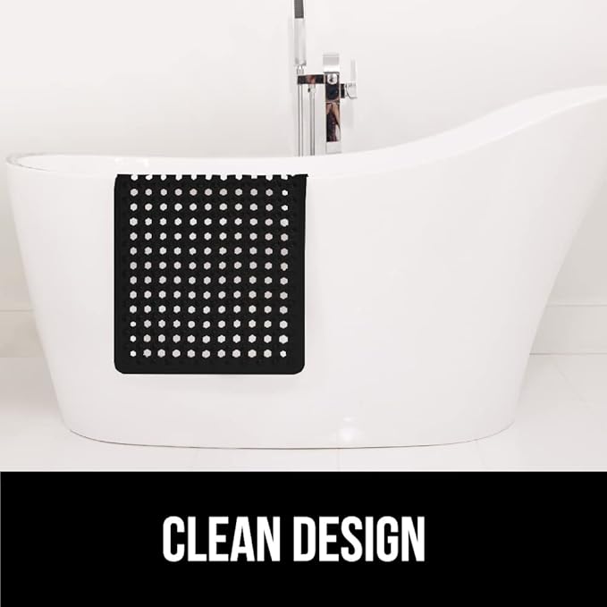 GORILLA GRIP Patented Bath Tub Shower Mat, Machine Washable Bathtub Floor Liner Mats, Suction Cups and Drain Holes to Keep Tubs Clean, Soft on Feet, Bathroom Essentials, 35x16 Inch, Black