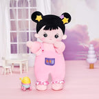 OUOZZZ 10" Soft Baby Doll for 1 Year Old Girl Gifts - Asian Doll Toys for 1 Year Old Birthday Christmas Plush Gift for Toddler Pink Straps Black Hair