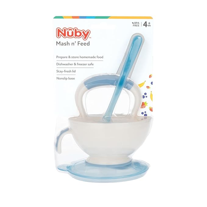 Nuby Garden Fresh Mash N' Feed Bowl with Spoon and Food Masher, Colors May Vary
