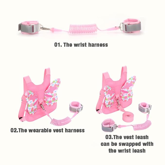 PandaEar Toddler Leash Harness and Anti Lost Wrist Link, 3 in 1 Kids Safety Harnesses with Leash, Child Anti-Lost Leash Walking Wristband Assistant Strap Belt for Baby Girls -Pink