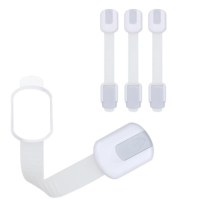 Child Safety Cabinet Locks (4 Pack) – Adjustable Baby Proofing Strap Latches with Strong 3M Adhesive – No Drill Childproof Locks for Drawers, Cabinets, Fridge, Door, Closet, Grey