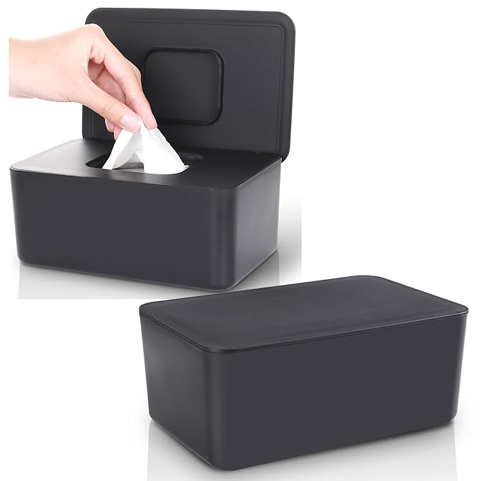 2 Pack Baby Wipes Dispenser, Baby Wipe Holder for Fresh Wipes, Non-Slip Baby Wipes Container, Refillable Wipes Box, Baby Wipes Case with Sealing Design Lid (Black and Black)