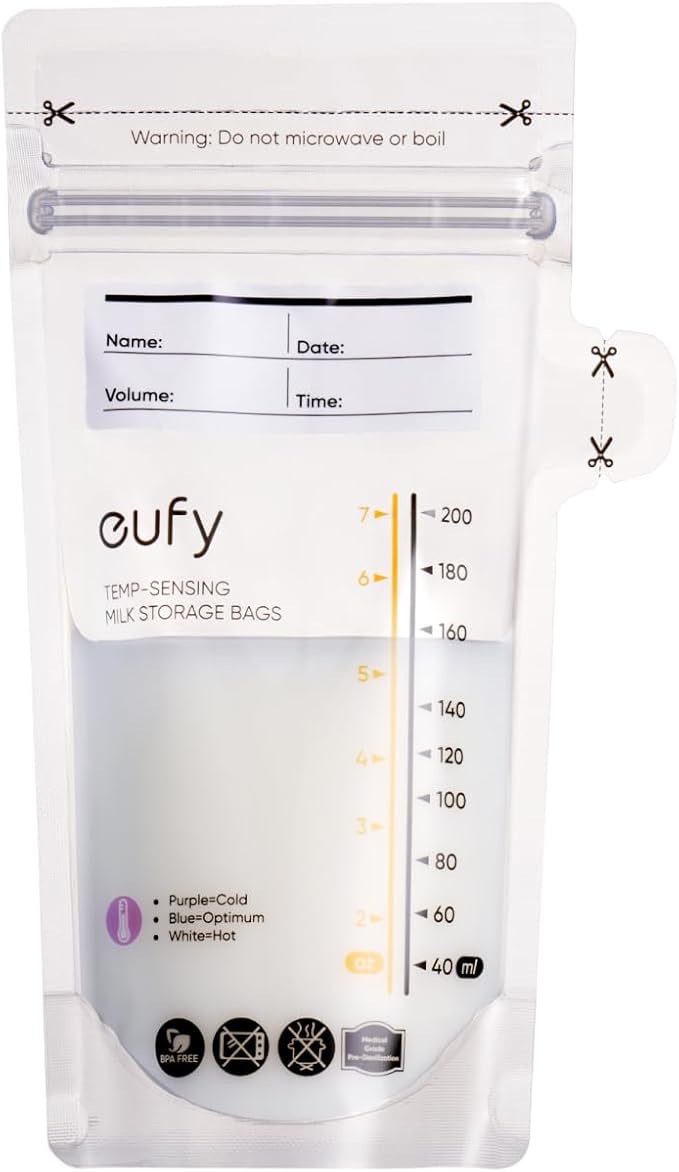 eufy Breast Milk Storage Bag with Temperature Sensing Color Change, Milk Storing Bags for Breastfeeding, 7 oz Disposable Storage Bags, Self-Standing, Leakproof Milk Freeze Storage Pouches (120 Pieces)