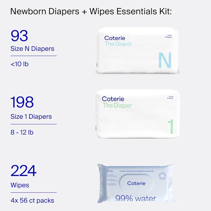 Coterie Baby Wipes + Diapers Kit, Size 1 (198 Count) & Size Newborn Diapers (93 Count), 4 Pack (224) Wipes with 99% Water, Plant Based Materials, Hypoallergenic for Sensitive Skin, Baby Essentials