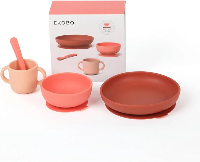 EKOBO Silicone Baby Meal Set – Coral, 4‑Piece Baby Feeding Essentials, Suction Toddler Plates and Bowls Set, Two‑Handle Cup, Soft‑Tip Spoon, Microwave, Oven & Freezer Safe, BPA‑Free