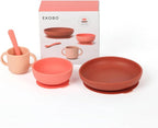 EKOBO Silicone Baby Meal Set – Coral, 4‑Piece Baby Feeding Essentials, Suction Toddler Plates and Bowls Set, Two‑Handle Cup, Soft‑Tip Spoon, Microwave, Oven & Freezer Safe, BPA‑Free