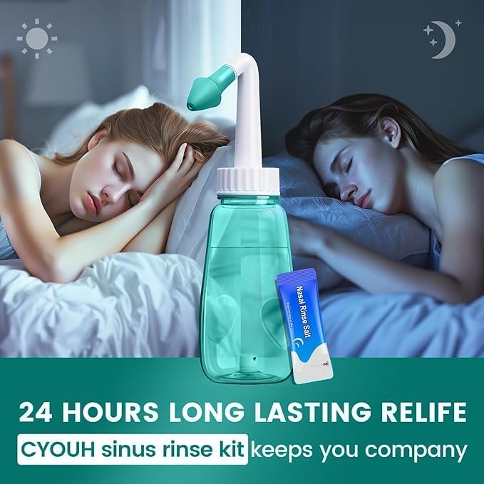 Neti Pot Sinus Rinse Bottle 260 ML with 60 Nasal Wash Salt Packets and Sticker Thermometer Nose Wash Cleaner Pressure Rinse Nasal Irrigation for Adult & Kid BPA Free (Green)