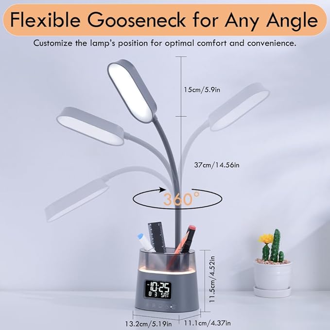 WILIT LED Desk Lamp for College Dorm Room Essentials, Students Study Lamp with Charging Station, Pen Holder, Clock & RGB Night Light, Office Desk Accessories, Table Lamp for Bedroom - Gray