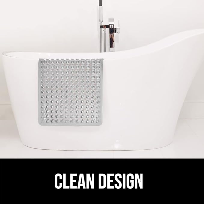 GORILLA GRIP Patented Bath Tub Shower Mat, Machine Washable Bathtub Floor Liner Mats, Suction Cups and Drain Holes to Keep Tubs Clean, Soft on Feet, Bathroom Essentials, 35x16 Inch, Clear Gray