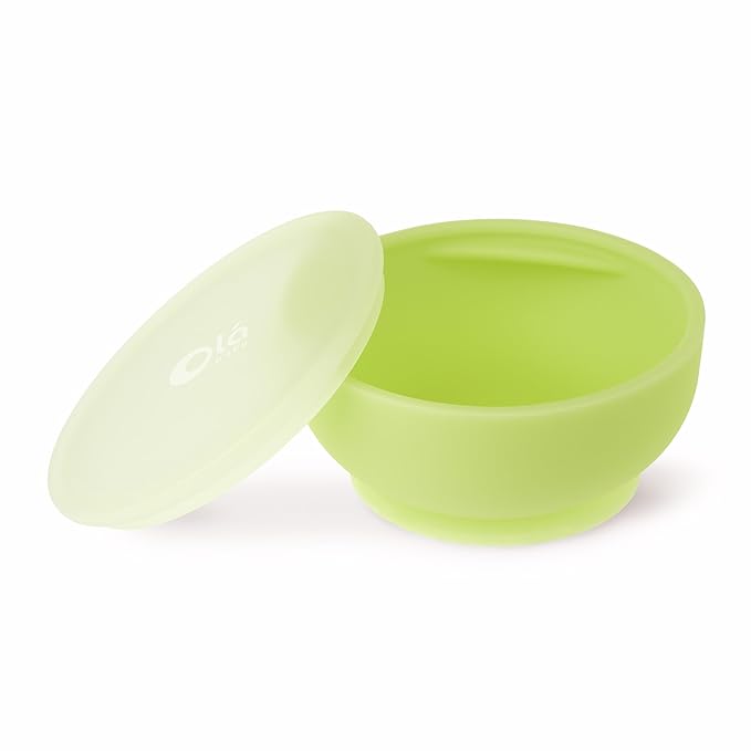 Olababy 100% Silicone Suction Bowl with Lid for Independent Feeding | First Stage Self Feeding Essential for Toddlers and Kids| Baby Led Weaning Snack Feeder | Food Container and Storage | (Kiwi)