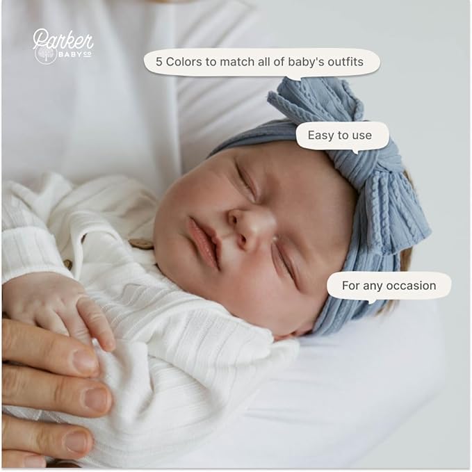 Parker Baby Cable Knit Nylon Headbands 5 Pack | Soft, Stretchy & Comfortable Bows for Girls | Adjustable, Soft to Touch & Knotted Headbands for Baby Girls | Baby Headwraps for Girls | Multiple Colors