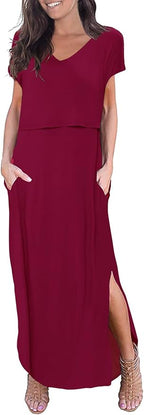 Smallshow Women's Maternity Nursing Dresses Split Long Dress for Breastfeeding