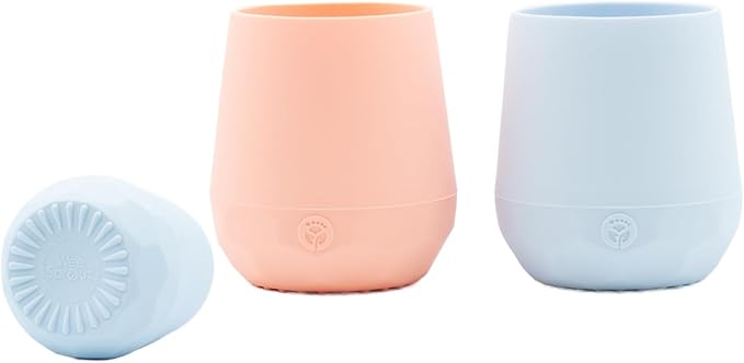 WeeSprout Silicone Baby Training Cups - Set of 2 Soft Silicone Cups - 2 oz Open Cup for Baby 6+ Months - Non-Slip Grip, Weighted Base - Gentle on Gums & Teeth (Pastel Blue & Pastel Coral)