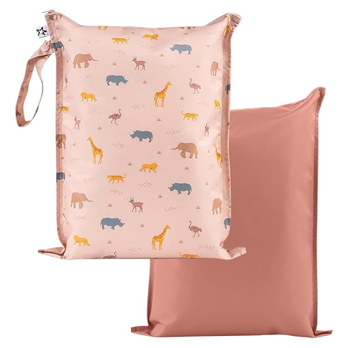 Tiny Twinkle Mess proof Waterproof Wet Dry Bag,2pk Reusable Wet Bags for Swimsuits&Baby Clothes,Leakproof Wet Bag,Waterproof Bag for Travel&Diaper bag,Wet Bags for Baby (Petite Safari)
