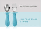 PandaEar 4 Set Baby Toddler Silicone Stainless Steel Utensils Silverware Spoon Fork for Baby Toddler BPA Free with Silicone Holding Anti-Choke Design (Blue&Grey)