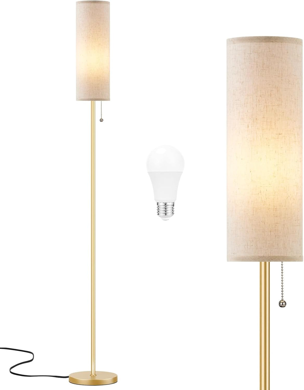 Ambimall Floor Lamp for Living Room with 3 Color Temperatures Bulb, 64" Standing lamp with Linen lampshade for Bedroom, Minimalist Pole Lamp, Beige Shade & Gold Pole