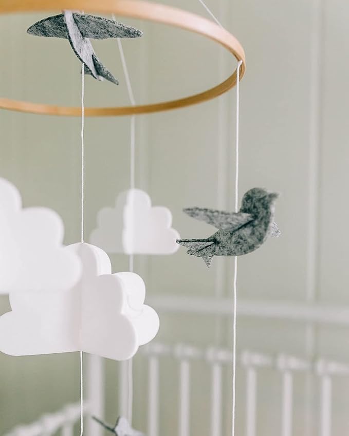Baby Crib Mobile (Birds and Clouds) - Nursery Decor Ceiling Mobile for Boys & Girls - Crib Accessories - Grey & White