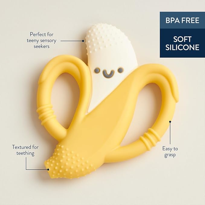 Itzy Ritzy Banana-Shaped Baby Teether with Handles; Silicone Teether for Babies with Easy-Grab Handles and Textured, Teethable Surfaces - Baby Teething Toy for 3 Months & Up (Banana)