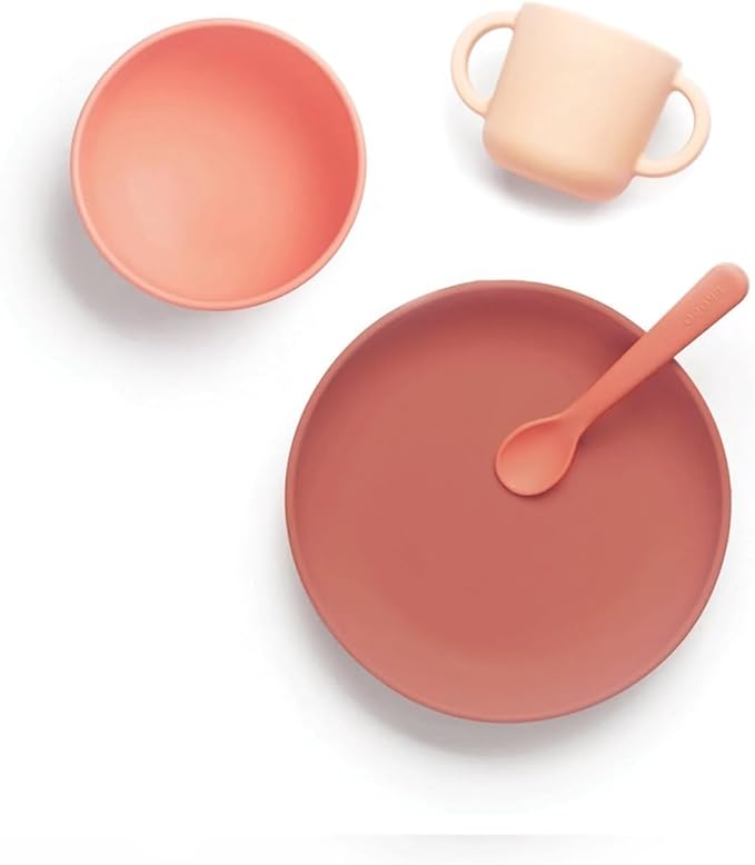 EKOBO Silicone Baby Meal Set – Coral, 4‑Piece Baby Feeding Essentials, Suction Toddler Plates and Bowls Set, Two‑Handle Cup, Soft‑Tip Spoon, Microwave, Oven & Freezer Safe, BPA‑Free