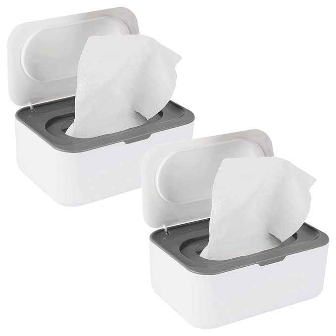 2 Pack Baby Wipes Dispenser, Wipes Case Baby Wipe Holder Keeps Wipes Fresh, Non-Slip, Easy Open & Close (2 Pack Gray)