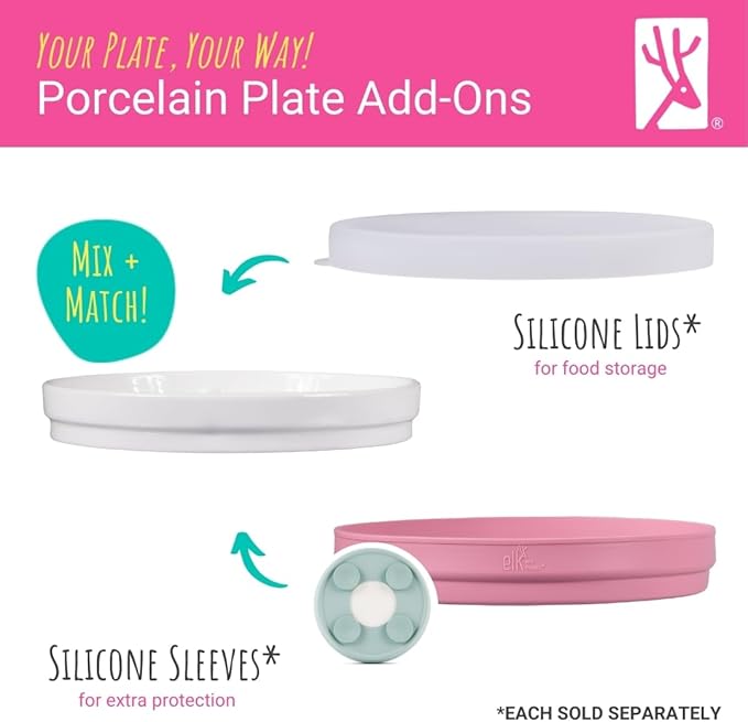 Elk and Friends Kids 7.8” Porcelain White Plates | Divided Plates | Suitable for Kids/Toddlers | Microwave & Dishwasher Safe | Non Slip | Snack Dishes | 2 Pack