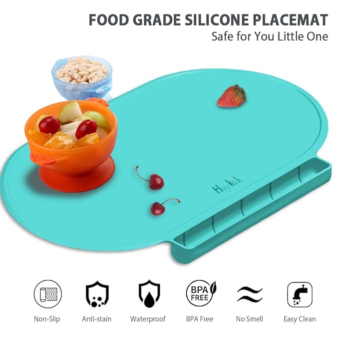 Silicone Placemat for Baby, Silicone Baby Toddlers Non-Slip Tablemats Stain Resistant Anti-Skid Reusable Dishwasher Safe Table Mats, Portable Food Mat Travel (Blue/Baby Blue)