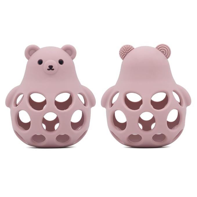Baby Bear Teething & Stacking Toy Set - Teething Toys Silicone Teethers, Soft Baby Stacker Rings Teether, Learning Toy Gift for Boys and Girls 6+ Months (Pink)
