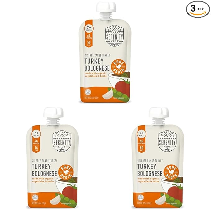 Serenity Kids Bone Broth Puree Made With Organic Veggies | Clean Label Project Purity Award Certified | 3.5 Ounce BPA-Free Pouch | Free Range Turkey Bolognese | 1 Count (Pack of 3)