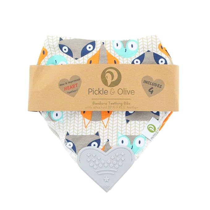 Pickle & Olive Baby Bandana Teething Bibs with Attached Teether - Set Of 4 - Orange Fox