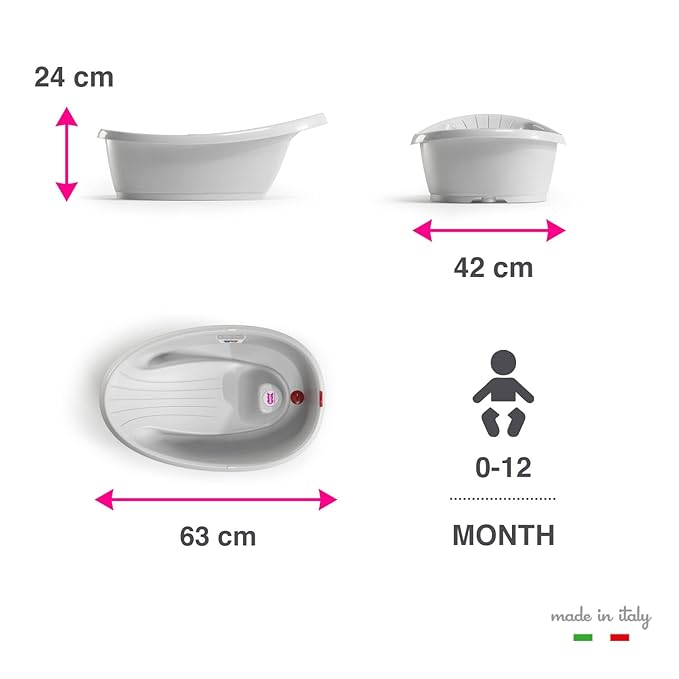 BEABA by OKBaby, Onda Baby Bath, Ergonomic Multi-Position tub for Infants and Babies up to 12 Months, Integrated Water Thermometer, Made in Italy, Pink