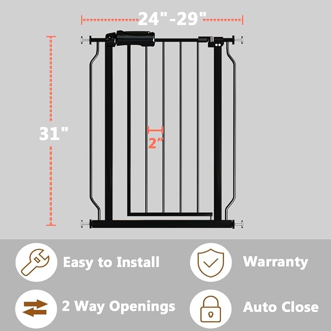Narrow Baby Gate for Doorways Stairs, 24-29" Wide Pressure Mounted Walk Through Metal Auto Close Safety Child Gatesfor Kids or Pets, Black