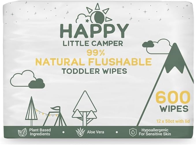 Happy Little Camper Natural Flushable Wipes - Hypoallergenic Wet Wipes with Aloe Vera, Chamomile and Pomegranate Extract - Unscented Baby Wipes Safe for Sensitive Skin - 600 Count